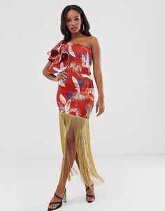 Платье миди на одно плечо с цветочным принтом и золотистой бахромой на подоле ASOS DESIGN-Мульти