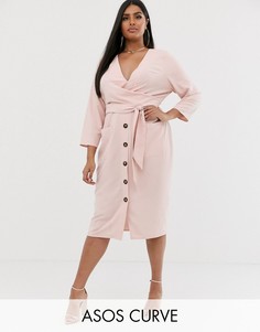 Платье миди с поясом и пуговицами ASOS DESIGN Curve-Розовый