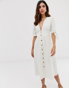 Хлопковое фактурное повседневное платье миди в полоску и с пуговицами Vero Moda-Мульти