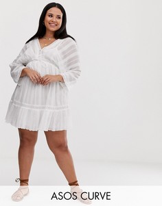 Свободное платье мини с кружевными вставками и шнуровкой ASOS DESIGN Curve-Белый