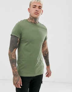 Футболка цвета хаки с круглым вырезом и отворотами на рукавах ASOS DESIGN-Зеленый