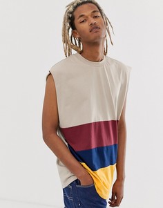 Бежевая длинная oversize-футболка колор блок без рукавов ASOS DESIGN-Бежевый