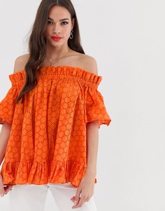Топ с открытыми плечами и вышивкой ришелье ASOS DESIGN-Черный