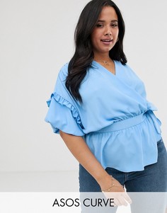 Топ с запахом и оборкой ASOS DESIGN Curve-Синий