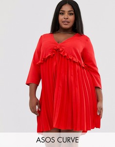 Свободное платье мини с плиссировкой ASOS DESIGN Curve-Красный