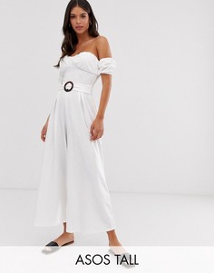 Комбинезон с открытыми плечами, пышными рукавами и пряжкой ASOS DESIGN Tall-Белый