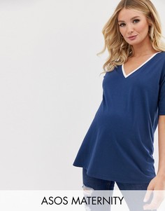 Синяя футболка с V-образным вырезом и окантовкой ASOS DESIGN Maternity-Синий