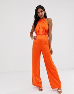 Атласный комбинезон с открытой спиной ASOS DESIGN-Оранжевый