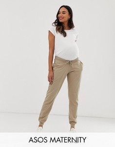 Базовые джоггеры с посадкой под животом и поясом на шнурке ASOS DESIGN Maternity-Бежевый