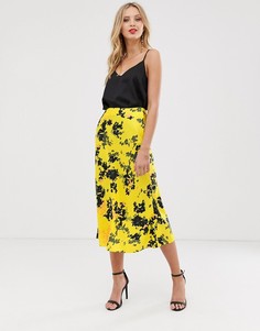 Желтая атласная юбка миди с цветочным принтом ASOS DESIGN-Мульти