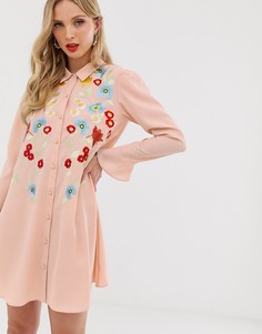 Свободное платье-рубашка мини с вышивкой ASOS DESIGN-Розовый