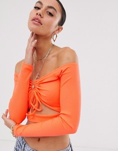 Присборенный кроп-топ в рубчик с открытыми плечами ASOS DESIGN-Оранжевый