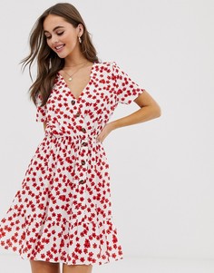 Белое платье мини на пуговицах с цветочным принтом ASOS DESIGN-Мульти