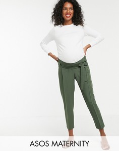 Суженные укороченные брюки с завязкой на поясе ASOS DESIGN Maternity-Зеленый