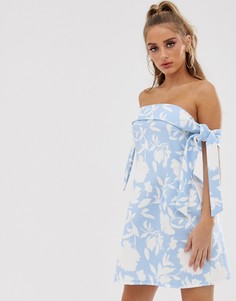 Короткое приталенное платье с цветочным принтом и завязками на рукавах ASOS DESIGN-Мульти