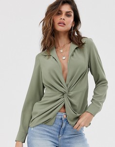 Рубашка с длинными рукавами и декоративным узлом ASOS DESIGN-Зеленый