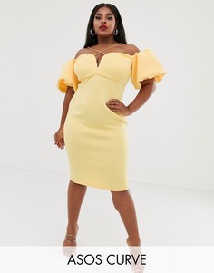 Платье миди с ремешками и пышными рукавами ASOS DESIGN Curve-Желтый