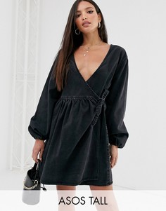 Черное свободное джинсовое платье мини с запахом ASOS DESIGN Tall-Черный
