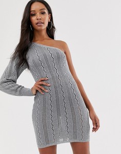Вязаное платье мини на одно плечо с эффектом металлик ASOS DESIGN-Серебряный