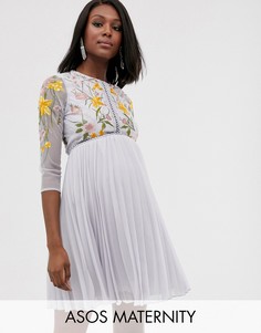 Платье мини с плиссированной юбкой, кружевными вставками и цветочной вышивкой ASOS DESIGN Maternity-Мульти