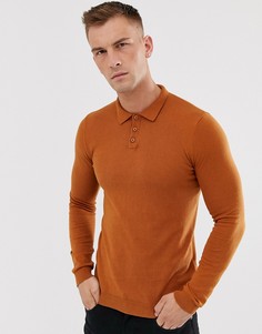 Коричневый хлопковый джемпер с воротником поло ASOS DESIGN