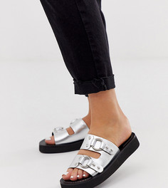 Серебристые кожаные сандалии для широкой стопы ASOS DESIGN-Серебряный