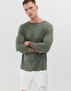 Свободная футболка с рукавами длиной 3/4 из смесового льняного трикотажа ASOS DESIGN-Зеленый