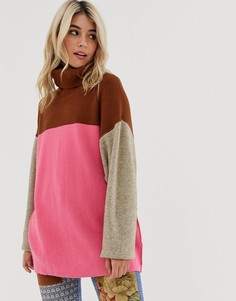 Джемпер колор блок с отворачивающимся воротником Free People-Розовый