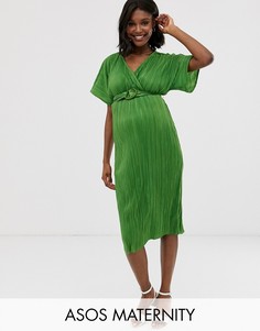 Плиссированное чайное платье миди с пряжкой ASOS DESIGN Maternity-Зеленый