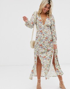 Платье макси с цветочным принтом, присборенным поясом и разрезами ASOS DESIGN-Мульти