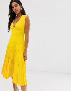 Плиссированное платье миди с заниженной талией ASOS DESIGN-Желтый