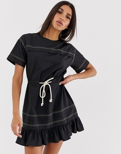 Короткое приталенное платье с веревочным поясом ASOS DESIGN-Черный