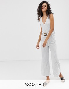 Комбинезон в полоску, с V-образным вырезом и поясом ASOS DESIGN Tall-Мульти