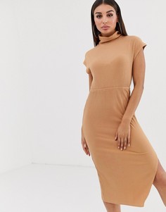 Платье миди в рубчик с высоким воротом ASOS DESIGN-Бежевый