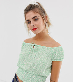 Зеленая блузка со сборками и принтом Bershka-Зеленый