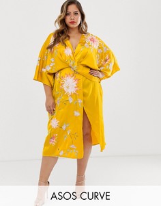 Атласное платье-кимоно миди с цветочной вышивкой ASOS DESIGN Curve-Мульти