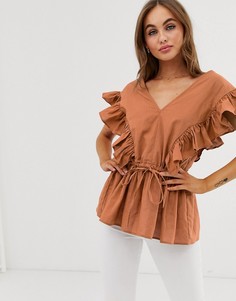 Хлопковый топ с оборками на плечах и затягивающимся шнурком ASOS DESIGN-Светло-коричневый