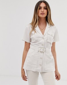 Рубашка в стиле милитари с короткими рукавами и поясом ASOS DESIGN-Белый