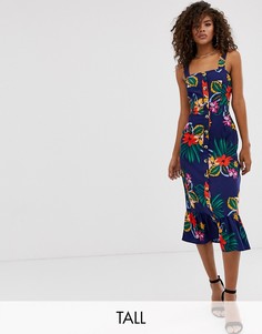 Платье миди на пуговицах и с тропическим цветочным принтом Influence Tall-Синий