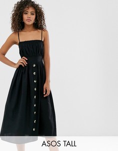 Льняной сарафан миди на бретельках и с пуговицами ASOS DESIGN Tall-Черный