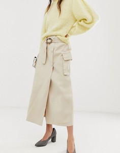 Светло-бежевая джинсовая юбка миди с пряжкой ASOS DESIGN-Бежевый