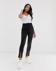 Зауженные брюки с пряжкой и разрезами у кромки ASOS DESIGN-Черный