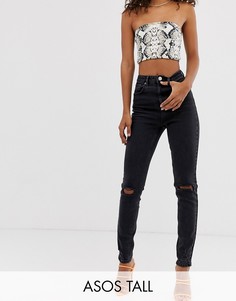 Черные выбеленные узкие джинсы в винтажном стиле с завышенной талией и рваными коленями ASOS DESIGN Tall Farleigh-Черный