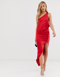 Атласное драпированное платье миди на одно плечо ASOS DESIGN-Красный