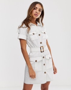 Белое платье-рубашка в стиле милитари с поясом River Island-Белый