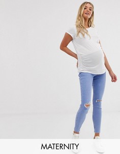 Светло-синие джинсы скинни с посадкой над животом и рваной отделкой New Look Maternity-Синий