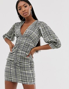 Платье мини в клетку с пышными рукавами и сборками ASOS DESIGN-Мульти