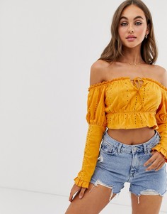 Топ с открытыми плечами и вышивкой ришелье ASOS DESIGN-Желтый