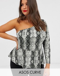 Топ на одно плечо с баской и змеиным принтом ASOS DESIGN Curve-Мульти