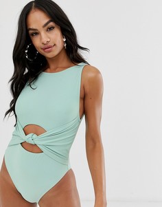 Слитный купальник мятно-зеленого цвета с декоративным узлом ASOS DESIGN-Зеленый